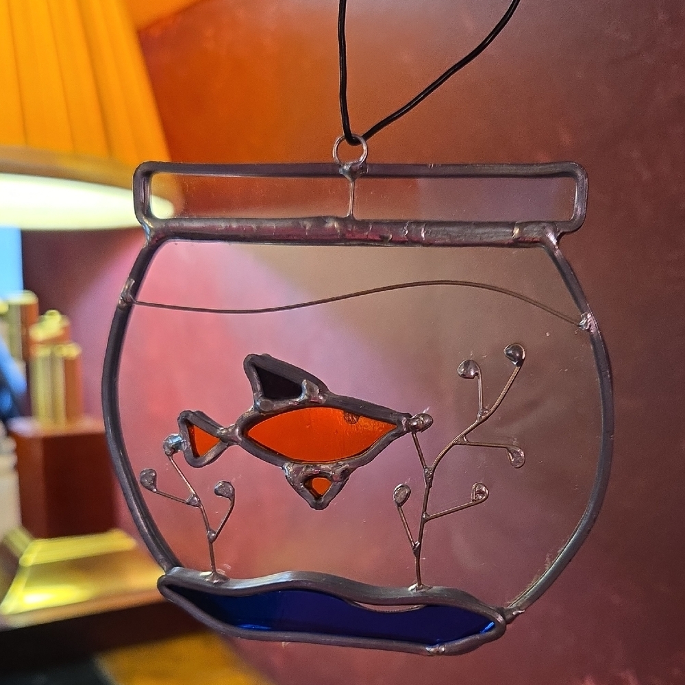 Vintage Tiffany Stained Glass Hand Crafted Fish & Bowl